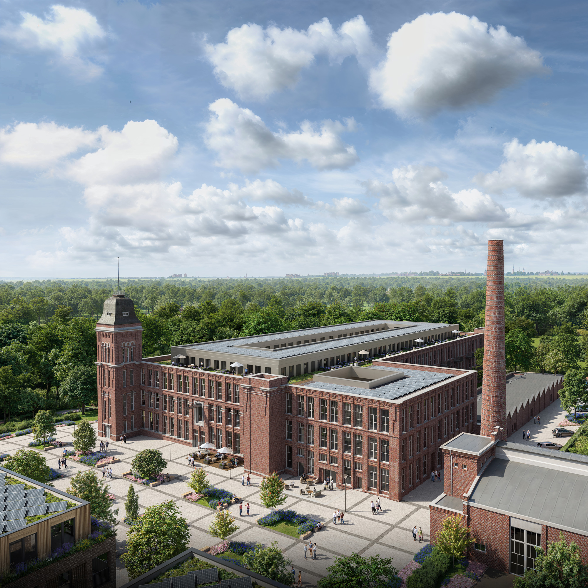 Alte Spinnerei in Rheine - Luftblick Architekturvisualisierung von Formgrafik